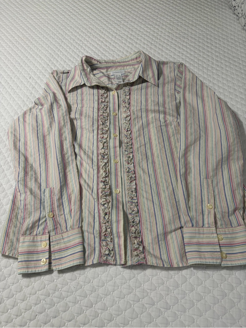 Liz Claiborne Cream Button-Down Shirt with Multicolor Stripes
